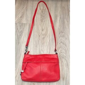 Tignanello Red Pebbled Leather Crossbody Organizer Bag Silver Hardware Purse